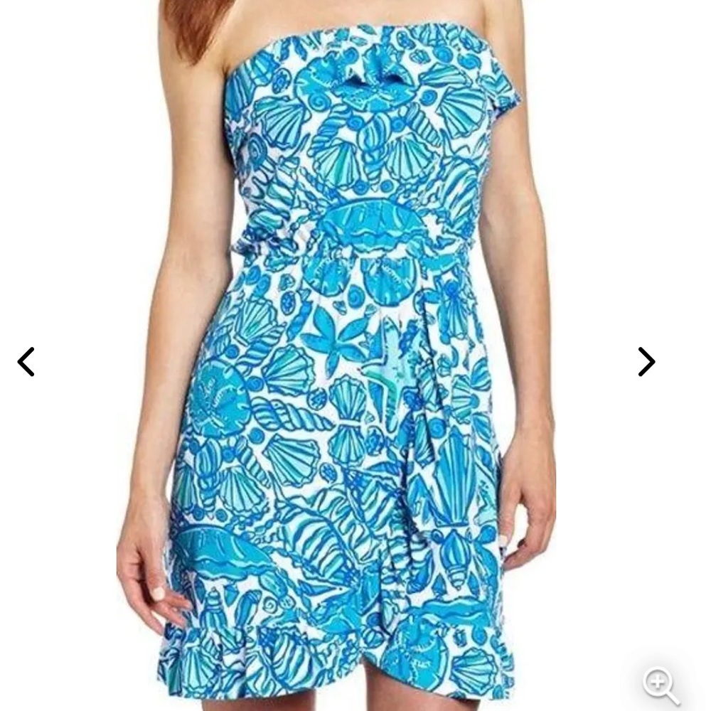 Lilly Pulitzer Flor Shorely Blue Sailors Valentine Ruffle Strapless Dress